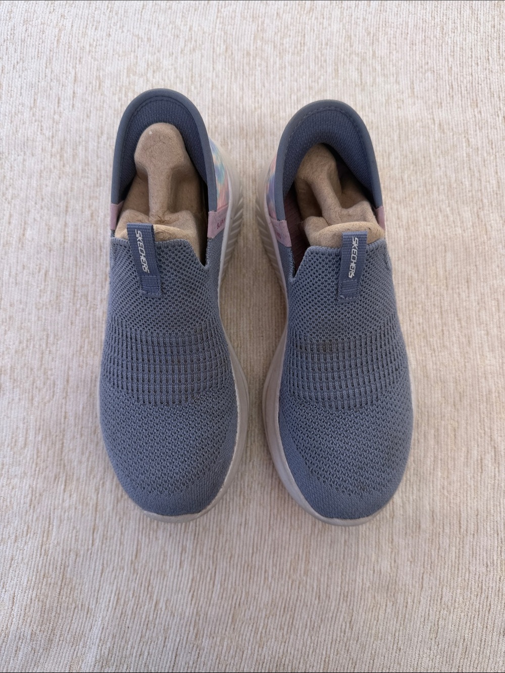 Skechers Slip-On Knit Sneakers in Heather Gray with Pastel Accents